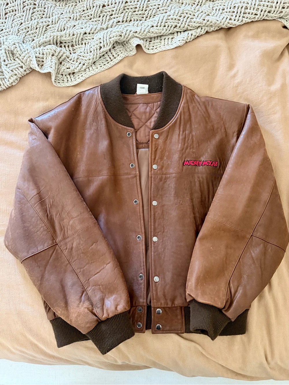 RARE Walt Disney Gallery 80’s Leather Bomber Jacket with Rich Embroidered Logo